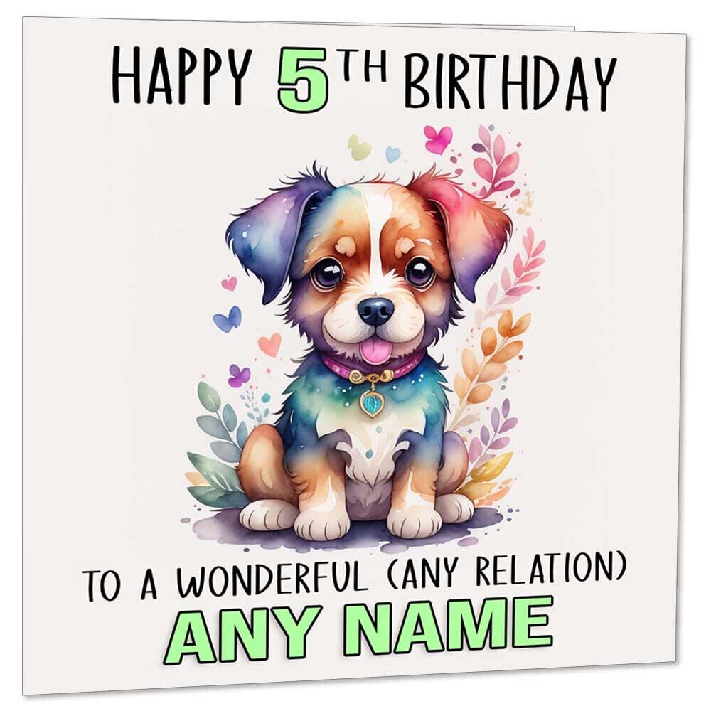 Kids Personalised Birthday Card - Any Age/Name - Cute Dog Puppy 145 x 145mm - Purple Fox Gifts