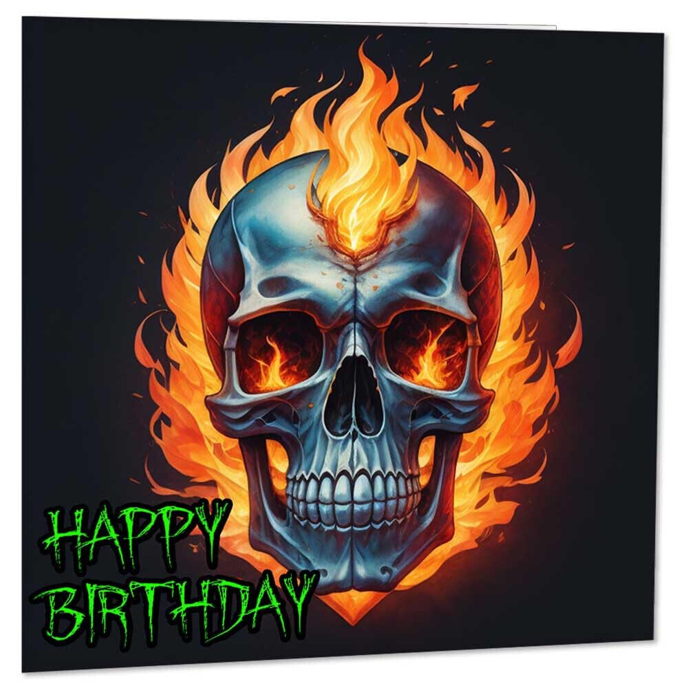 Gothic Flaming Skull Birthday Card 145 x 145mm - Purple Fox Gifts