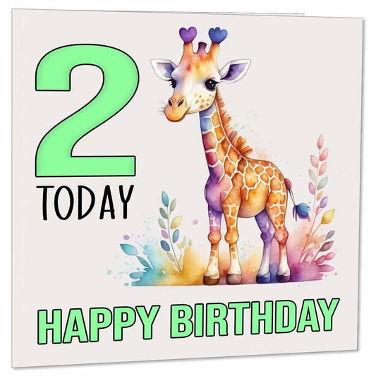 2nd Birthday Card Kids Childrens 2 Years Old Watercolour Giraffe 145 x 145mm - Purple Fox Gifts