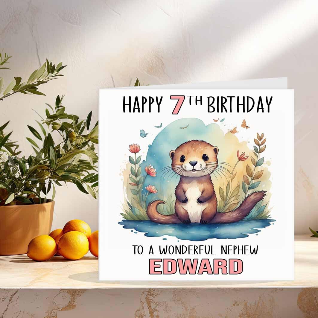 Kids Otter Birthday Card Personalised - Any Age & Name - Boys Girls 145 x 145mm - Purple Fox Gifts