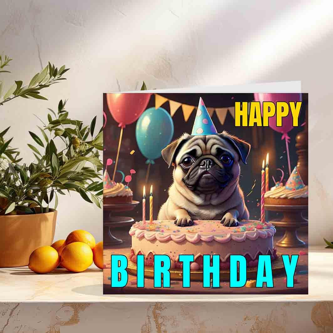 Pug Birthday Card - Pug Dog Happy Birthday Cards 145 x 145mm - Purple Fox Gifts