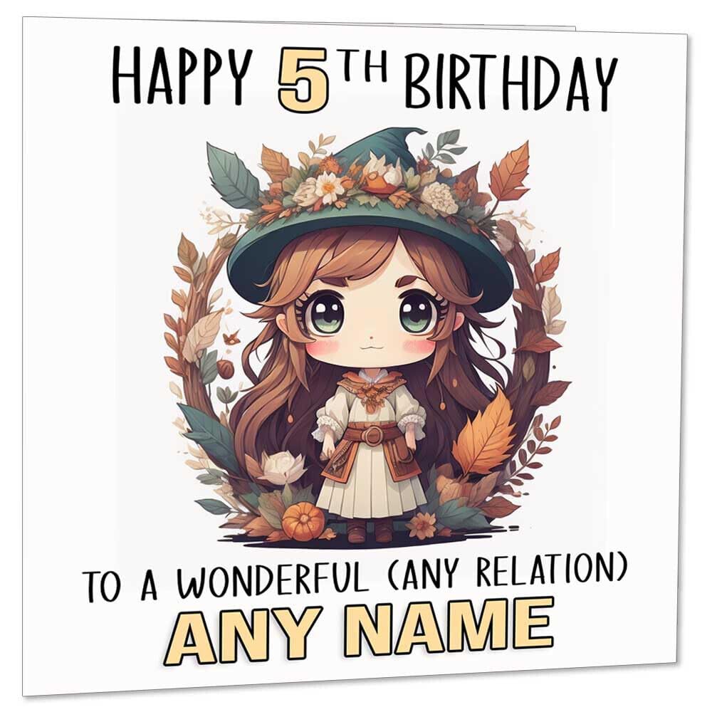 Personalised Girls Birthday Card - Any Age - Kids Cute Forest Witch 145 x 145mm - Purple Fox Gifts