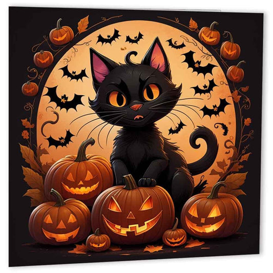 Halloween Cards - Black Cat Pumpkin Bats Autumn Cute Halloween Cards 145 x 145mm - Purple Fox Gifts