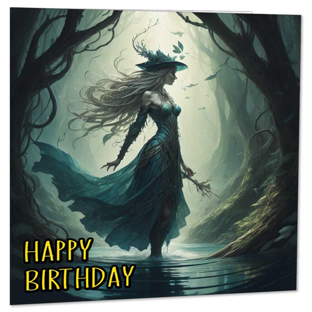 Witch Fantasy Art Happy Birthday Card 145 x 145mm - Purple Fox Gifts