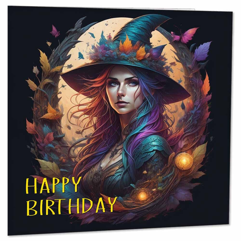 Fantasy Art Witch Happy Birthday Card 145 x 145mm - Purple Fox Gifts
