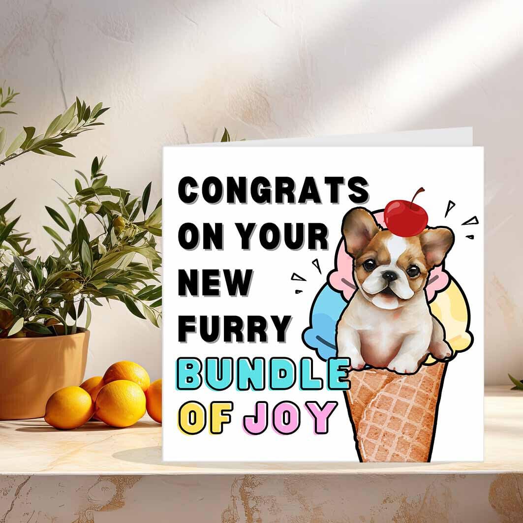New Fur Baby Card - New Pet Card - Cute Funny Congrats New puppy Dog 145 x 145mm - Purple Fox Gifts