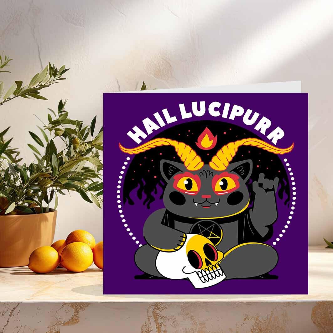 Gothic Birthday Cards - Hail Lucipurr - Satanic Kitty Cat Baphomet 145 x 145mm - Purple Fox Gifts