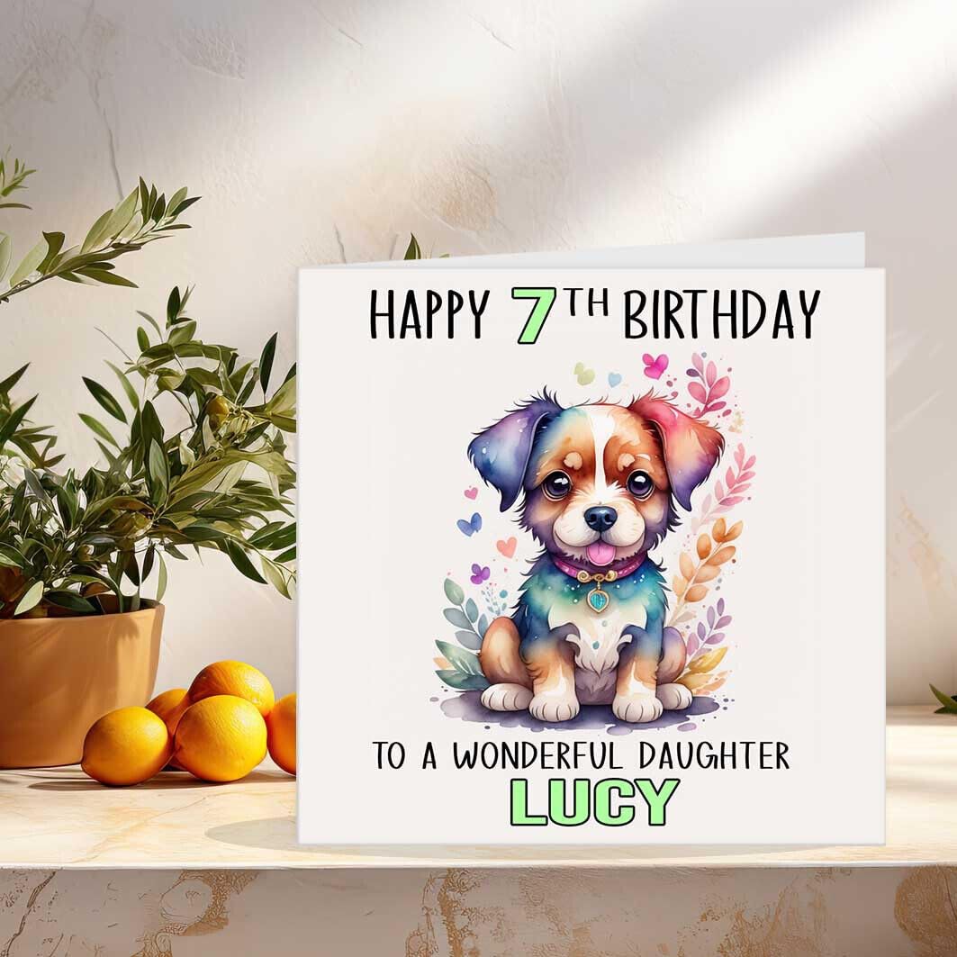 Kids Personalised Birthday Card - Any Age/Name - Cute Dog Puppy 145 x 145mm - Purple Fox Gifts