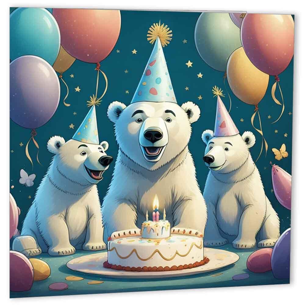 Polar Bear Birthday Card Cute Polar Bears Kids birthday card 147mm x 147mm - Purple Fox Gifts