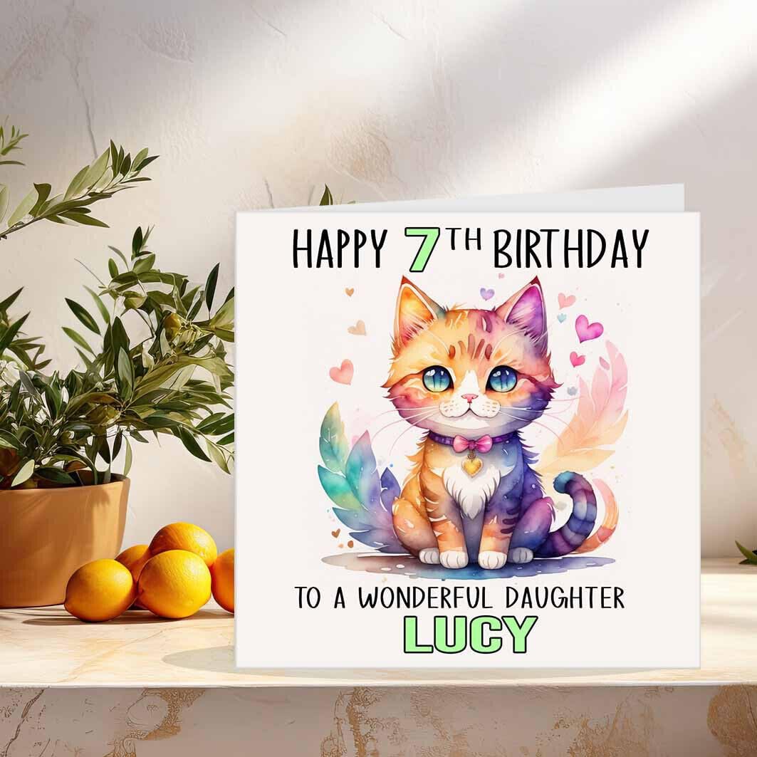 Girls Kitty Birthday Card - Personalised Any Age - Cute Cat Kitten 145 x 145mm - Purple Fox Gifts