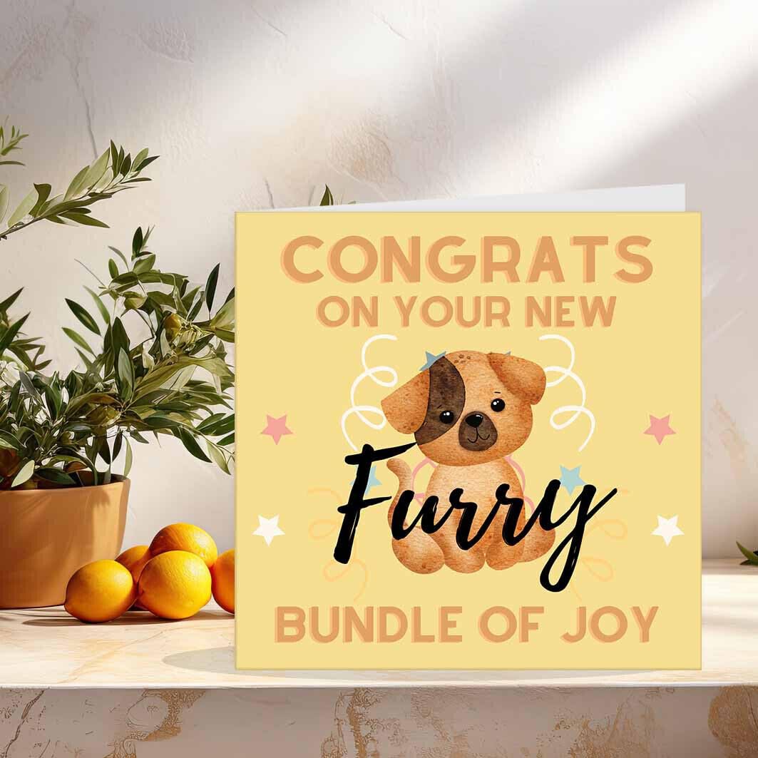 New Pet Card - Congratulations New Fur Baby Card Dog puppy Cat 145 x 145mm - Purple Fox Gifts