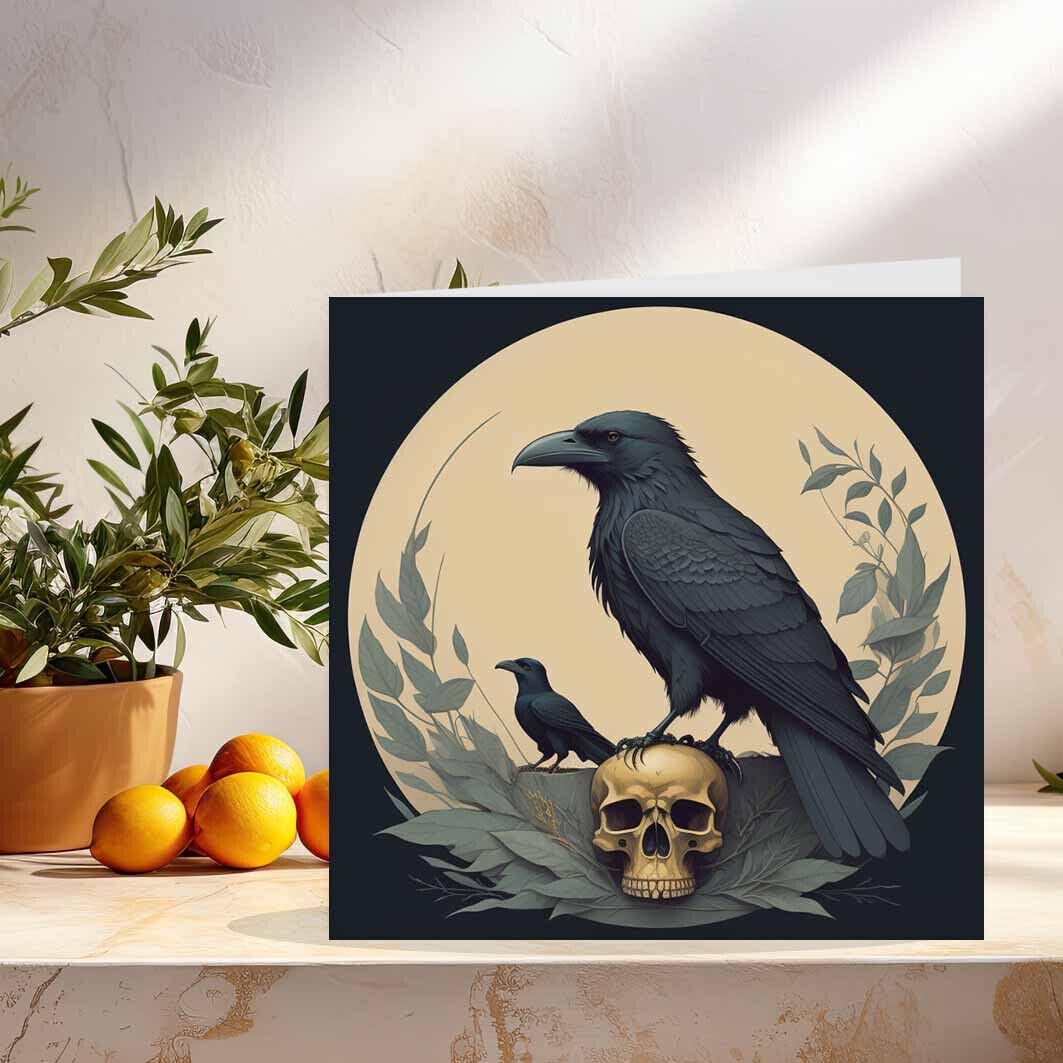 Skull Raven Greeting Card - Crow Gothic Birthday Card 145 x 145mm - Purple Fox Gifts