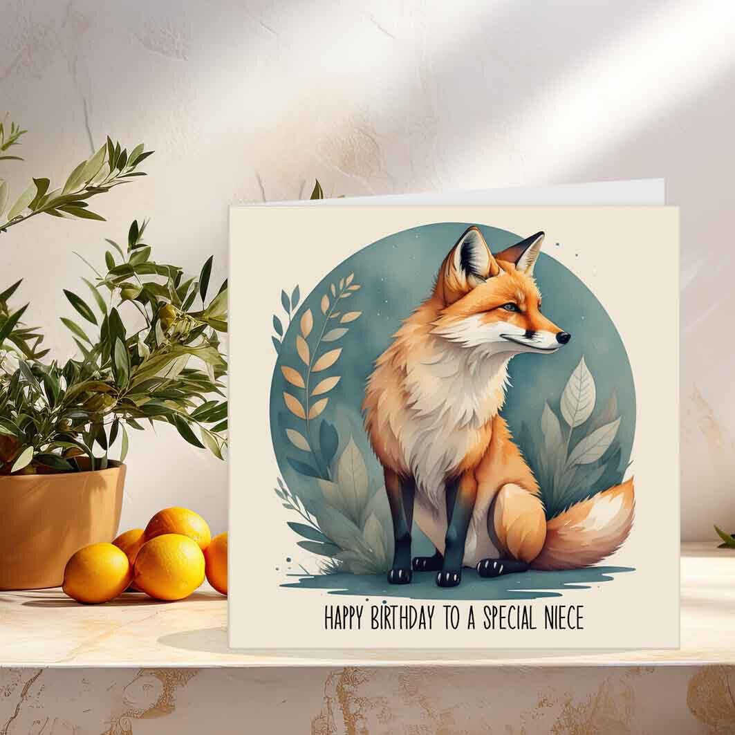 Niece Birthday Card - Cute Fox Happy Birthday Special Niece Card 145 x 145mm - Purple Fox Gifts