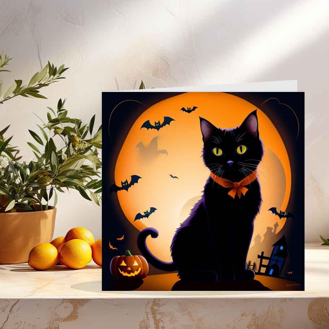 Halloween Black Cat Greeting Card Happy Halloween Spooky Moon Bats 145 x 145mm - Purple Fox Gifts