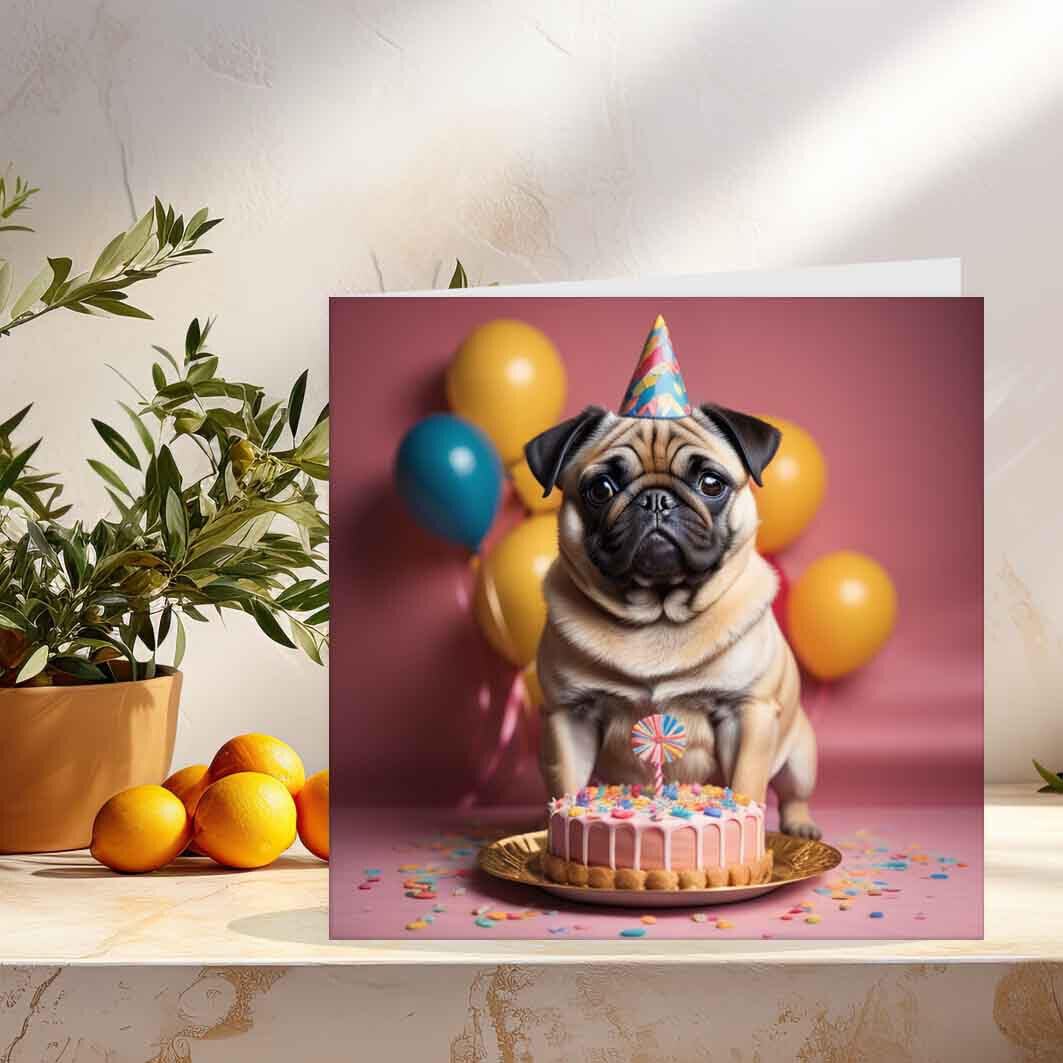 Pug Dog Birthday Card 145 x 145mm - Purple Fox Gifts