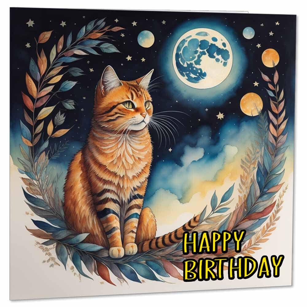 Moon Cat Birthday Card - Watercolour Cat Beautiful Cards - Cat Cards 145 x 145mm - Purple Fox Gifts