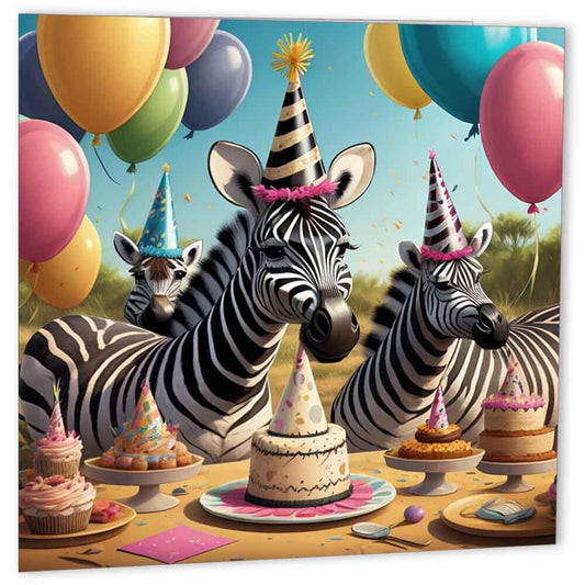 Zebra Birthday Cards Cute Zebras Greeting Card for Zebra Lovers 147mm x 147mm - Purple Fox Gifts