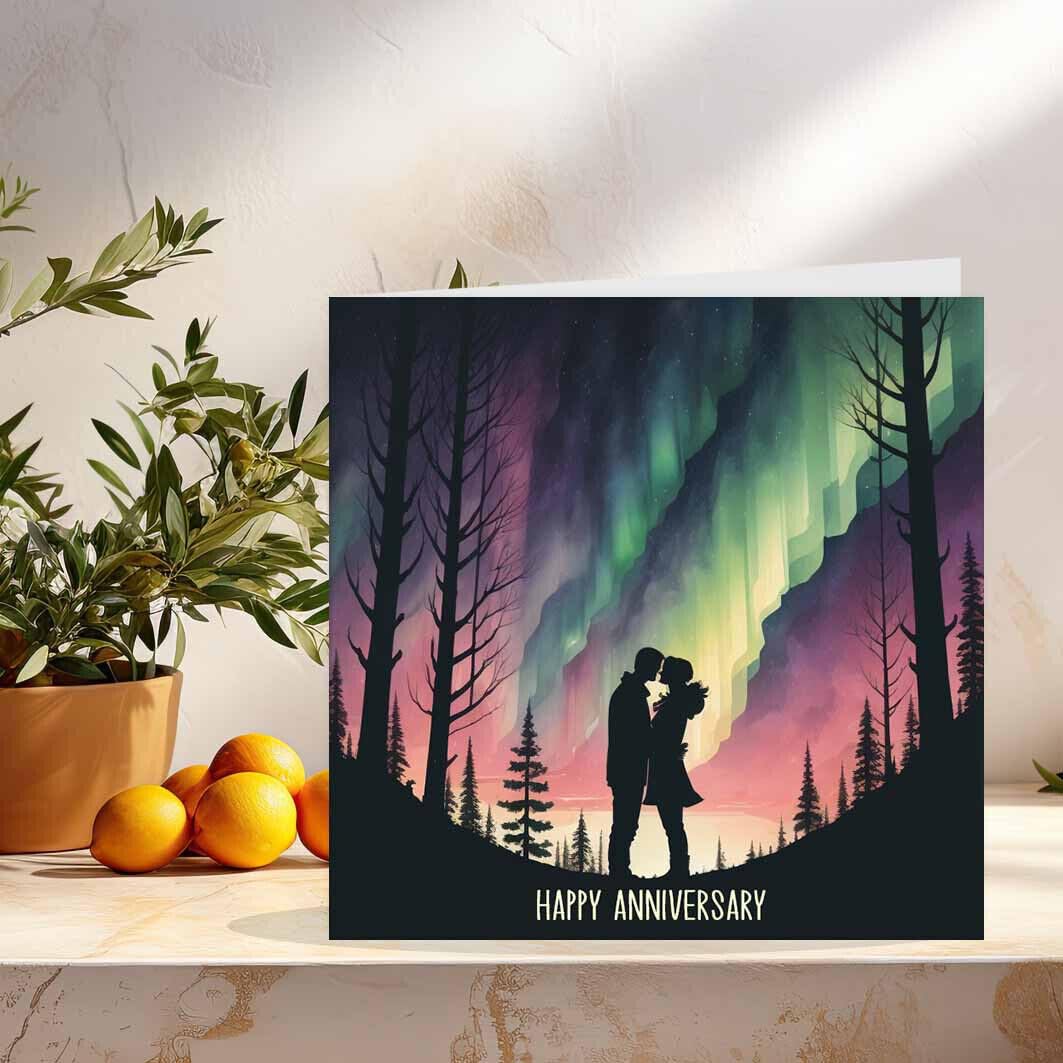 Happy Anniversary Card - Northern Lights 145 x 145mm - Purple Fox Gifts