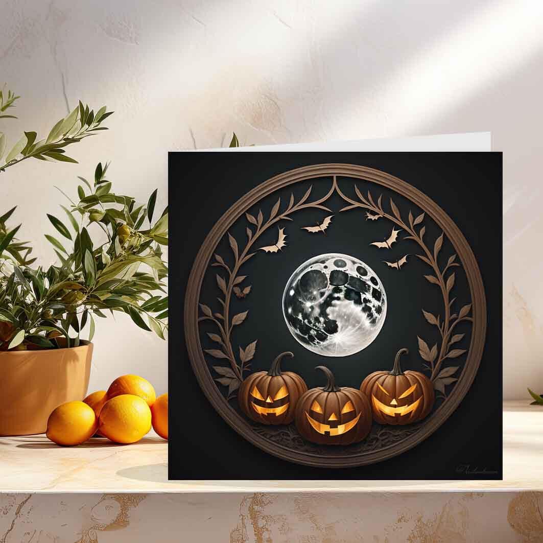 Moon Bats Pumpkins Card - Happy Halloween Cards 145 x 145mm - Purple Fox Gifts