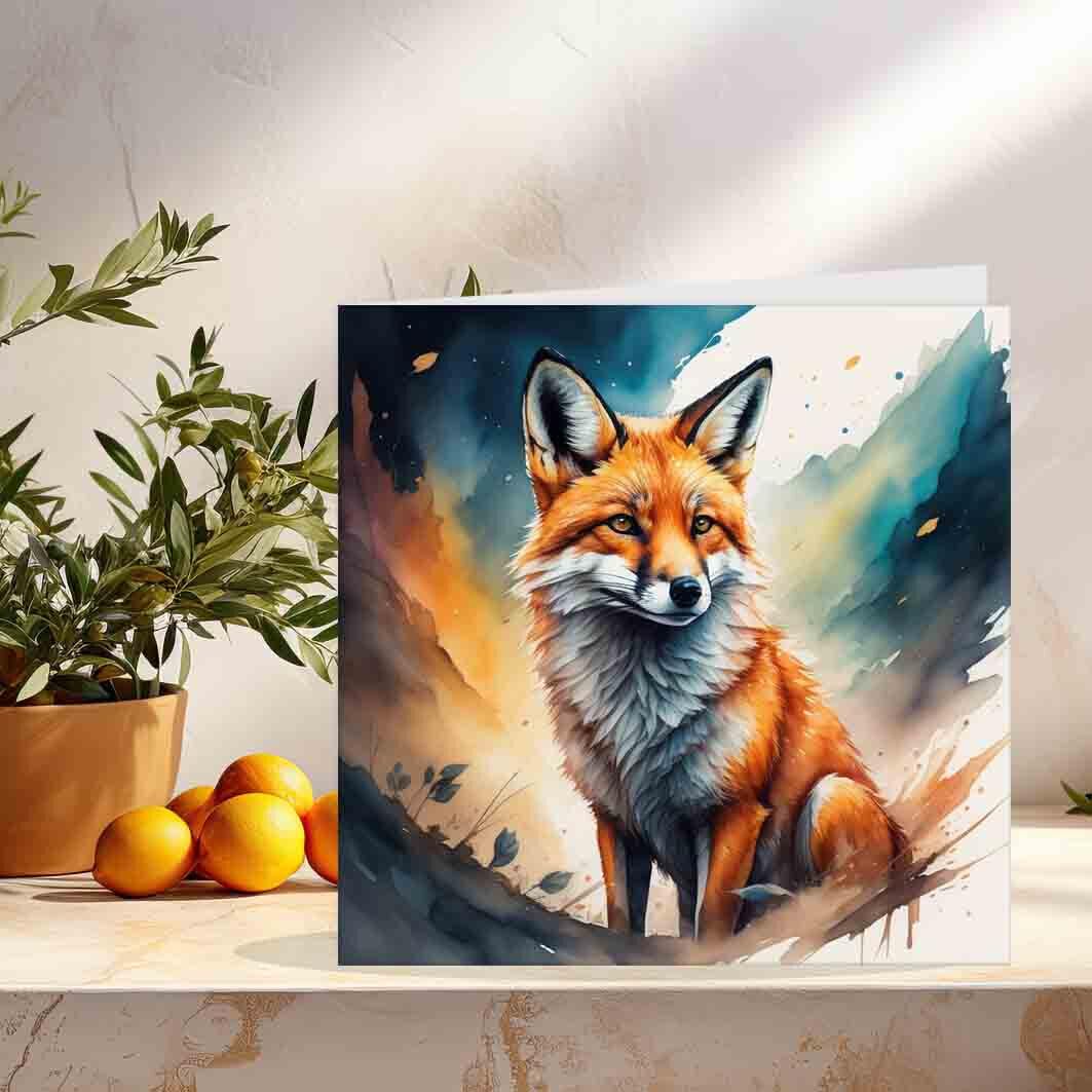 Fox Greeting Card Fox Design Art Painted Watercolour Birthday Card 145 x 145mm - Purple Fox Gifts