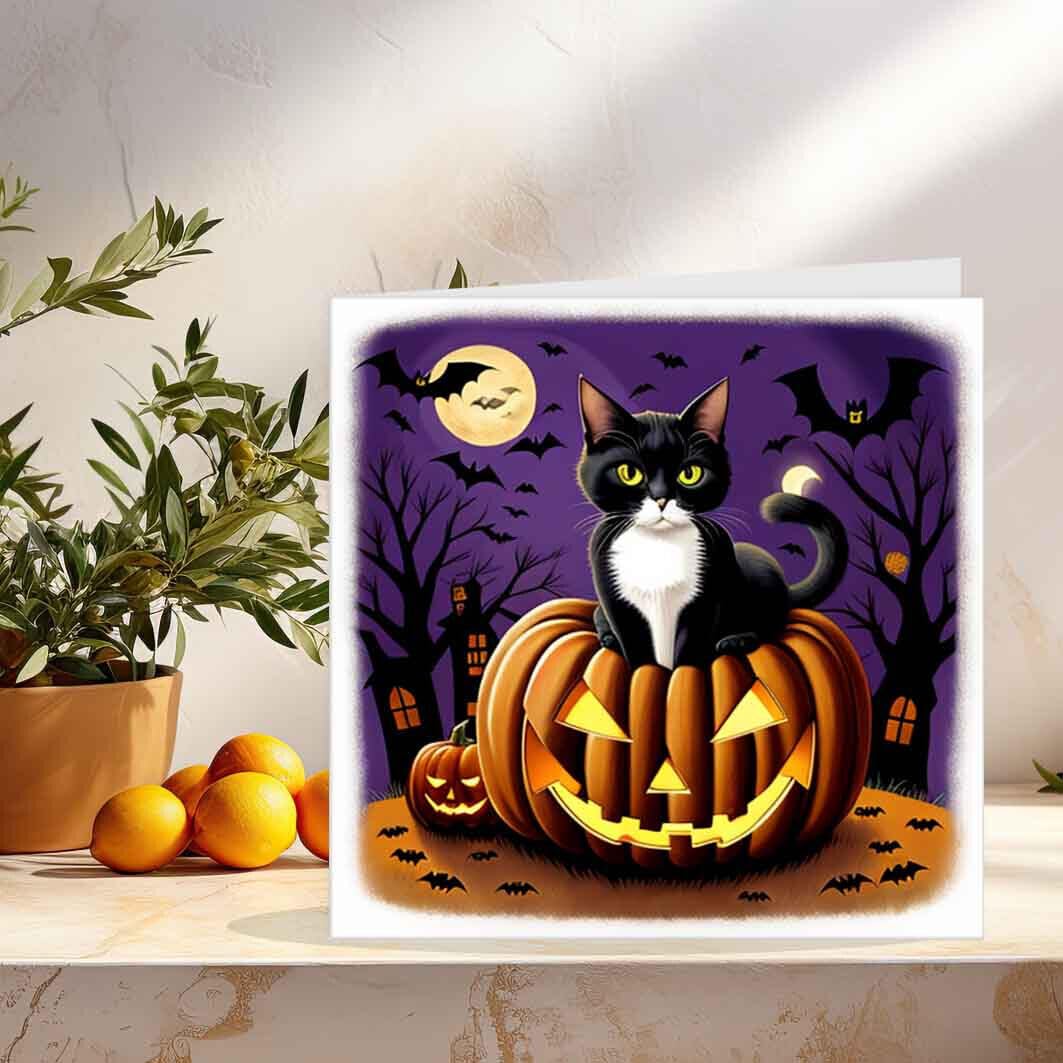 Cat In a Pumpkin Halloween Card Purple Sky Bats Moon Spooky 145 x 145mm - Purple Fox Gifts