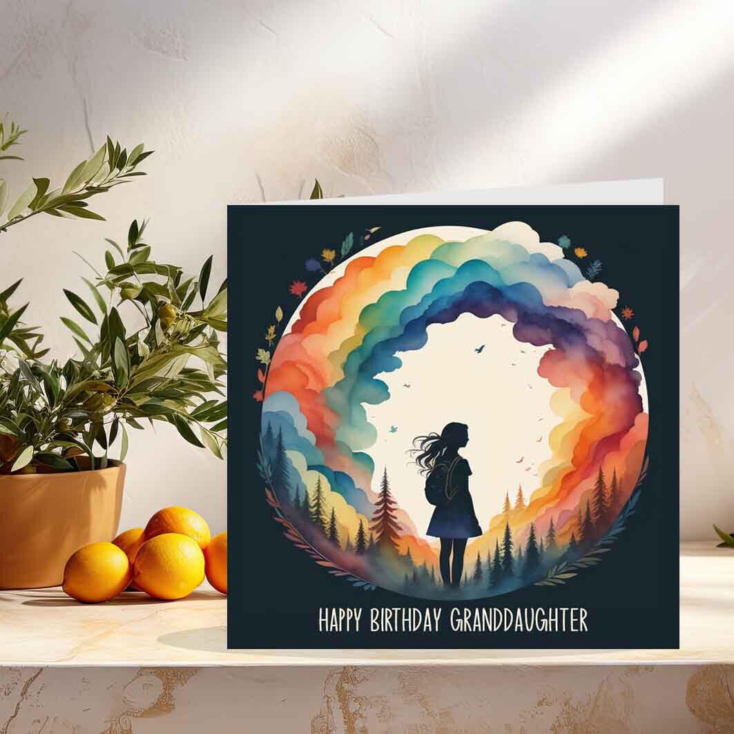 Granddaughter Birthday Card - Happy Birthday Granddaughter - Woodland Rainbow - Purple Fox Gifts