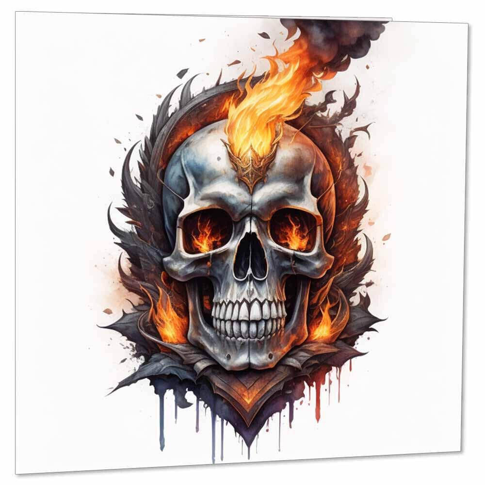 Skull Flaming Gothic Greeting Card - Rock Metal Goth Birthday Cards 145 x 145mm - Purple Fox Gifts