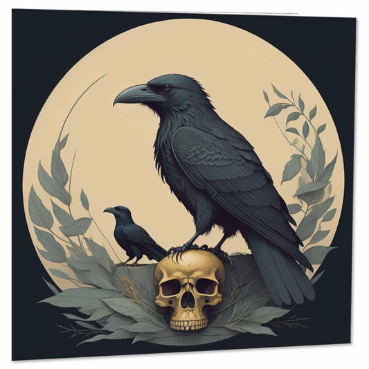 Skull Raven Greeting Card - Crow Gothic Birthday Card 145 x 145mm - Purple Fox Gifts