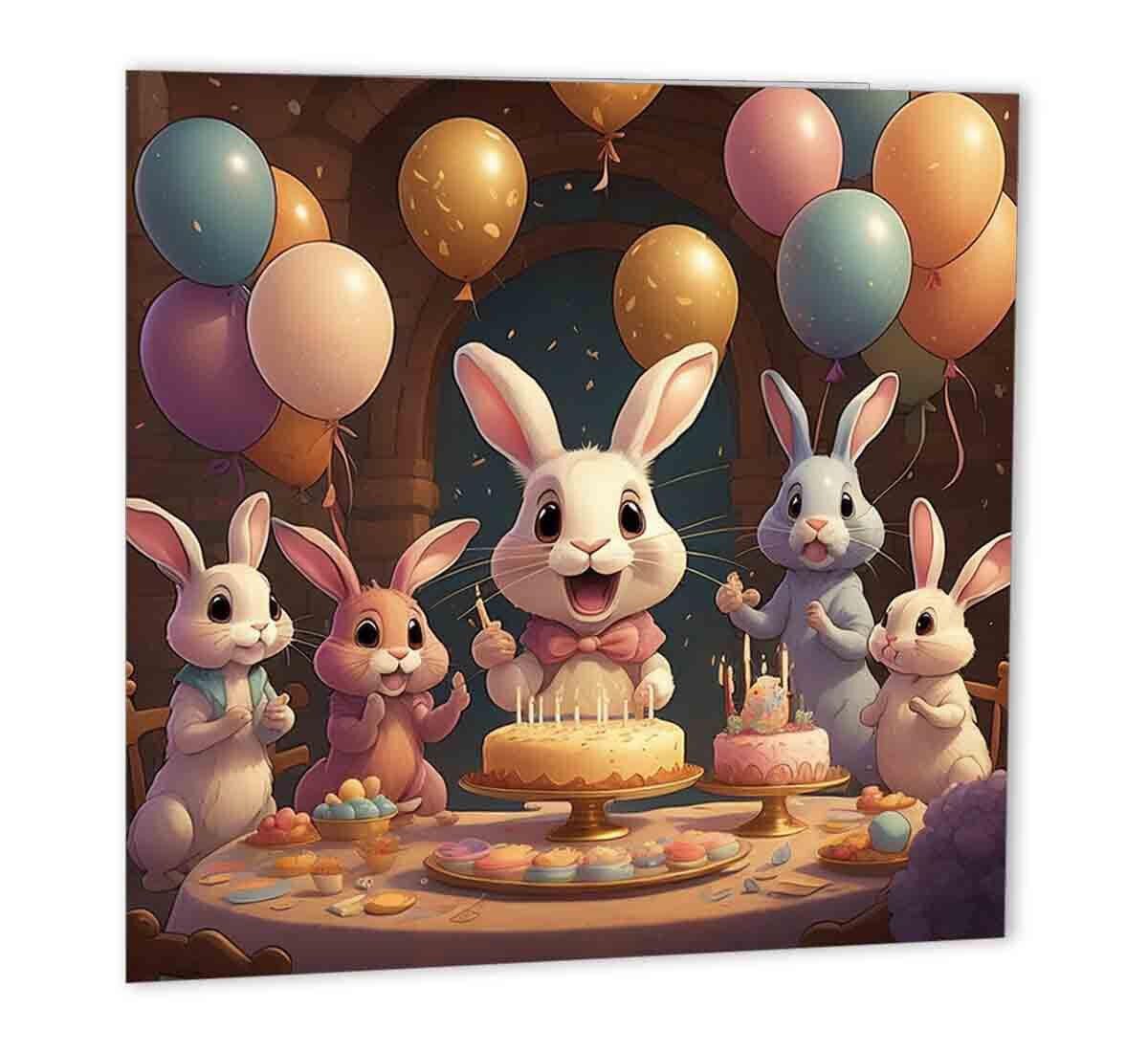 Cute Rabbit Birthday Card Bunny Rabbits birthday card for kids 147mm x 147mm - Purple Fox Gifts