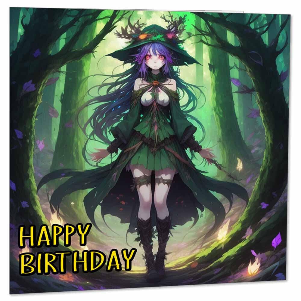 Anime Woodland Witch Birthday Card 145 x 145mm - Purple Fox Gifts