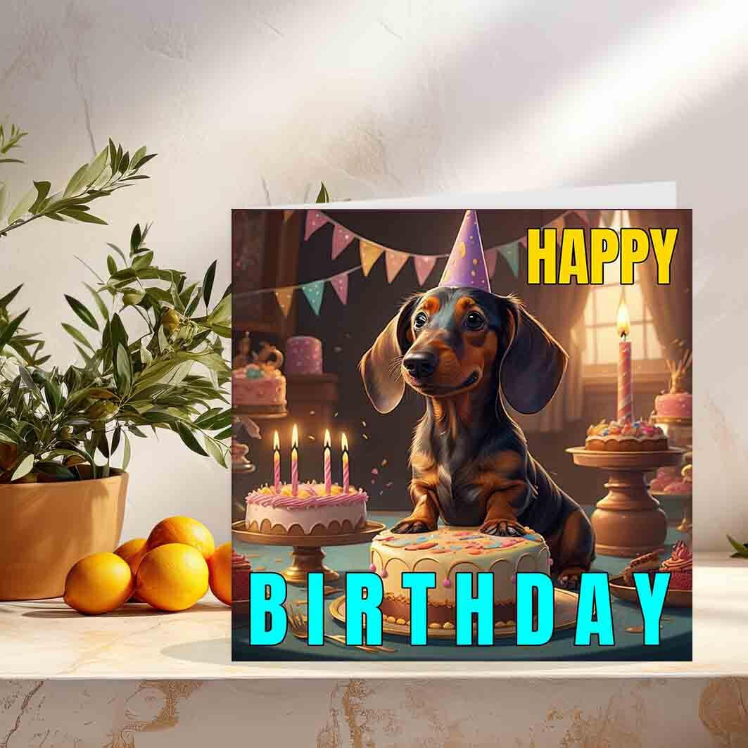 Cute Sausage Dog Birthday Card - Dachshund Birthday Cards 145 x 145mm - Purple Fox Gifts
