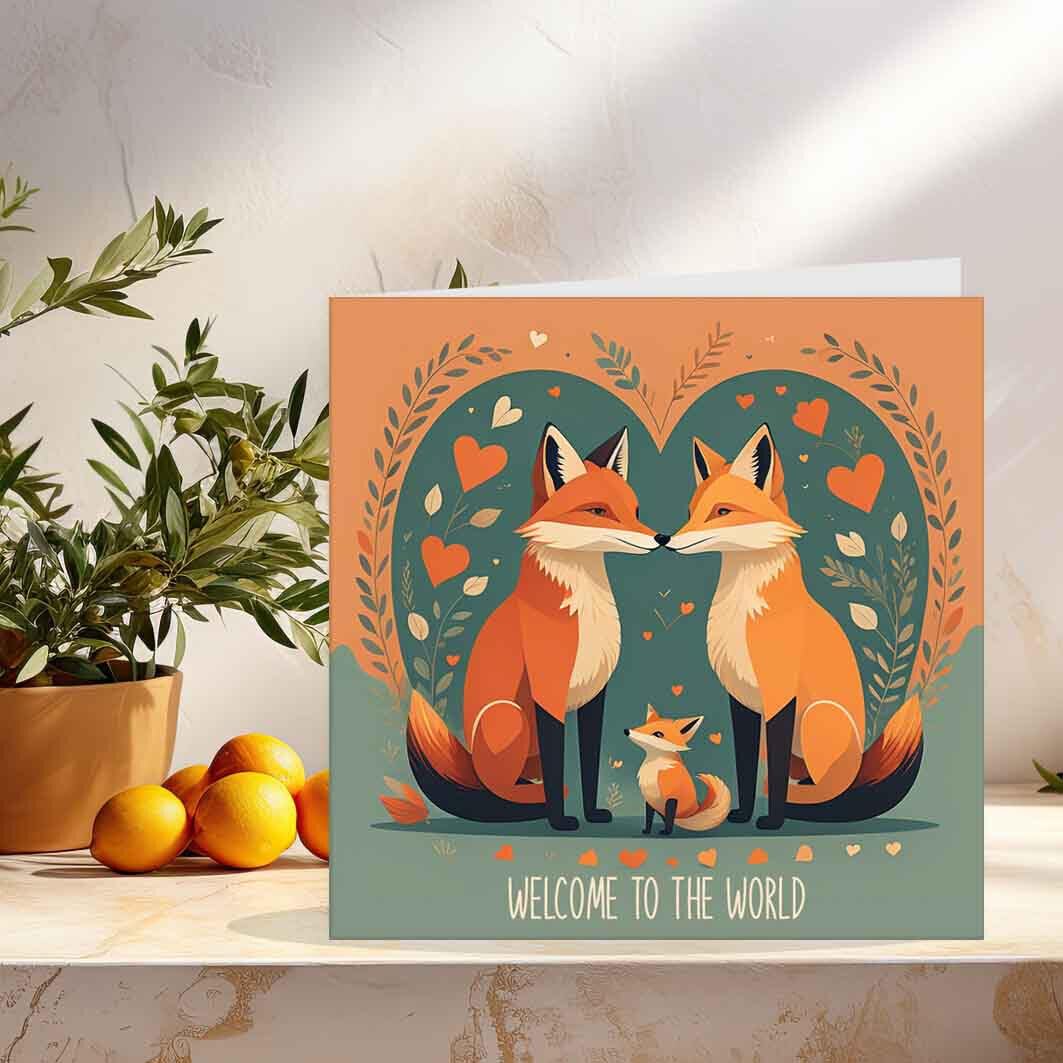 New Baby Card - Cute Fox Congratulations New Parents New Mum Cards 145 x 145mm - Purple Fox Gifts