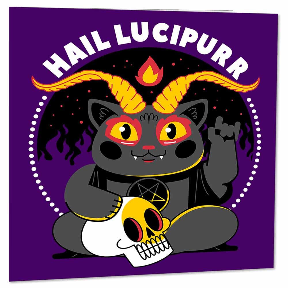 Gothic Birthday Cards - Hail Lucipurr - Satanic Kitty Cat Baphomet 145 x 145mm - Purple Fox Gifts