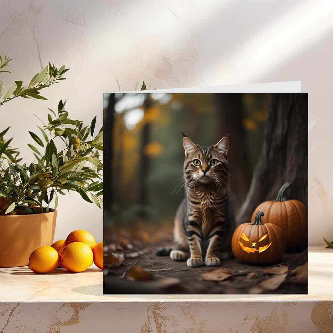 Tabby Cat with Pumpkins- Halloween Card - Woods Forest Autumn 145 x 145mm - Purple Fox Gifts