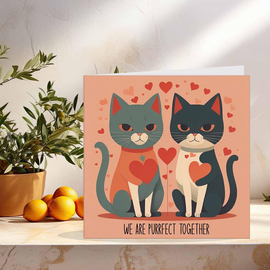 Anniversary Card - Purrfect Together - Cute Funny Cats Romantic Valentines Card for boyfriend Girlfriend Husband Wife Couples Partner 145 x 145mm - Purple Fox Gifts