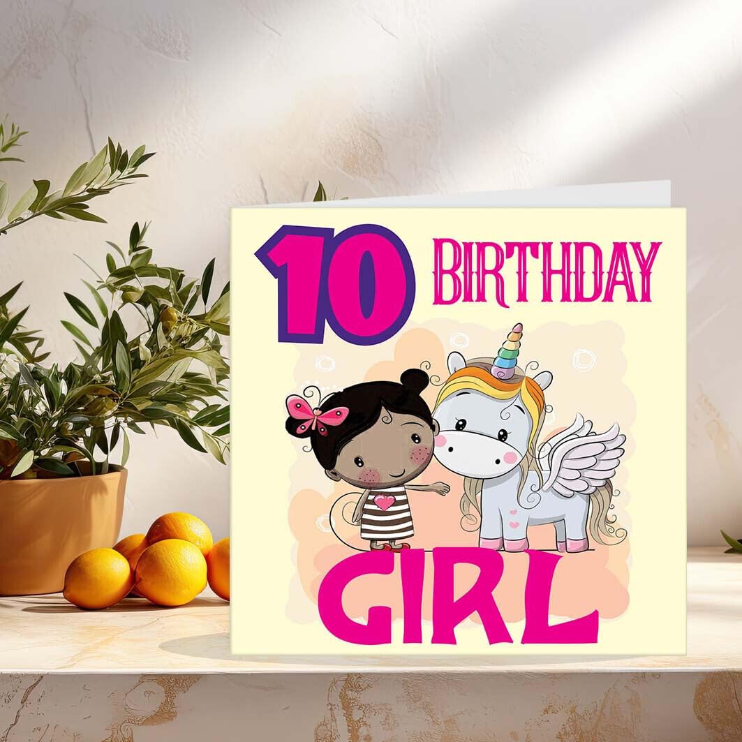 Happy 10th Birthday Girl Card TEN Years Old Birthday Unicorn 147 x 147mm - Purple Fox Gifts