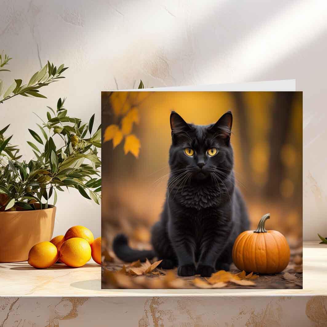 Black Cat Card Pumpkin Halloween Cards Autumn 145 x 145mm - Purple Fox Gifts