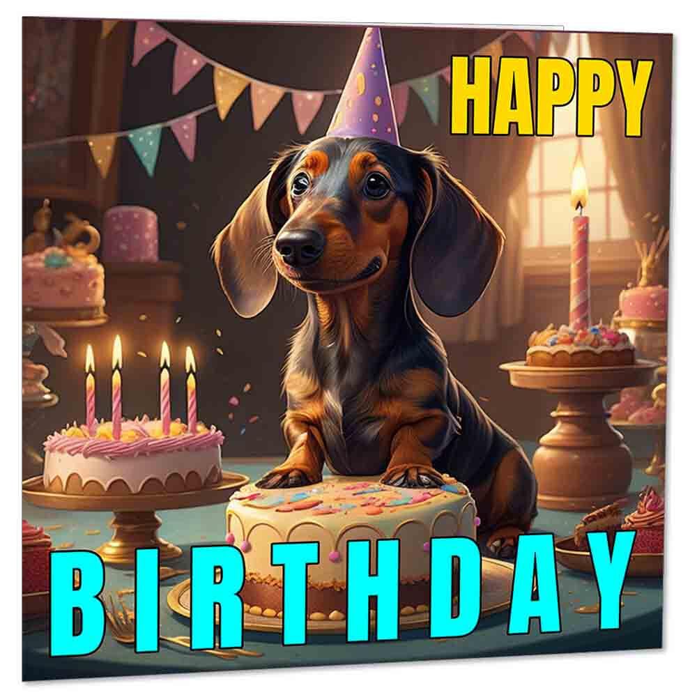 Cute Sausage Dog Birthday Card - Dachshund Birthday Cards 145 x 145mm - Purple Fox Gifts