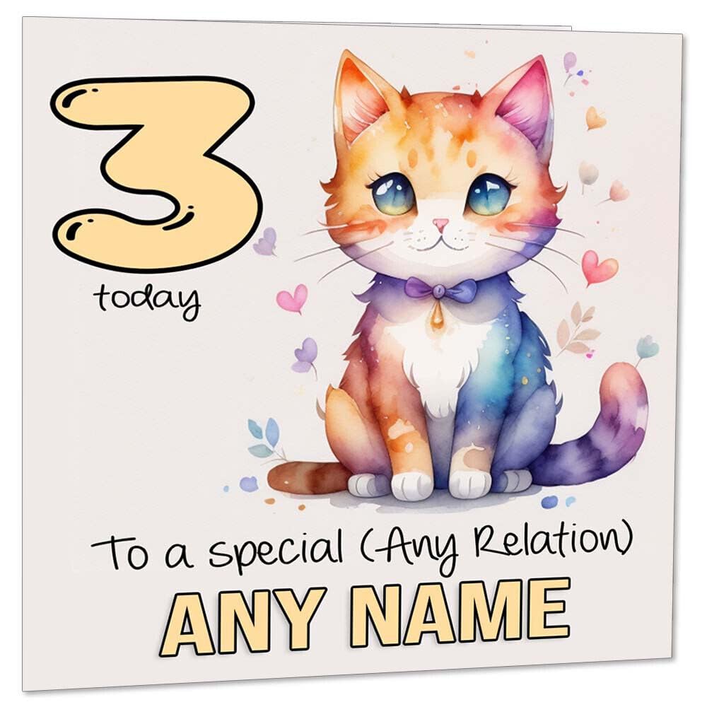 Personalised Kids Birthday Card Watercolour Cat - Any Age Boys Girls Cute - Purple Fox Gifts