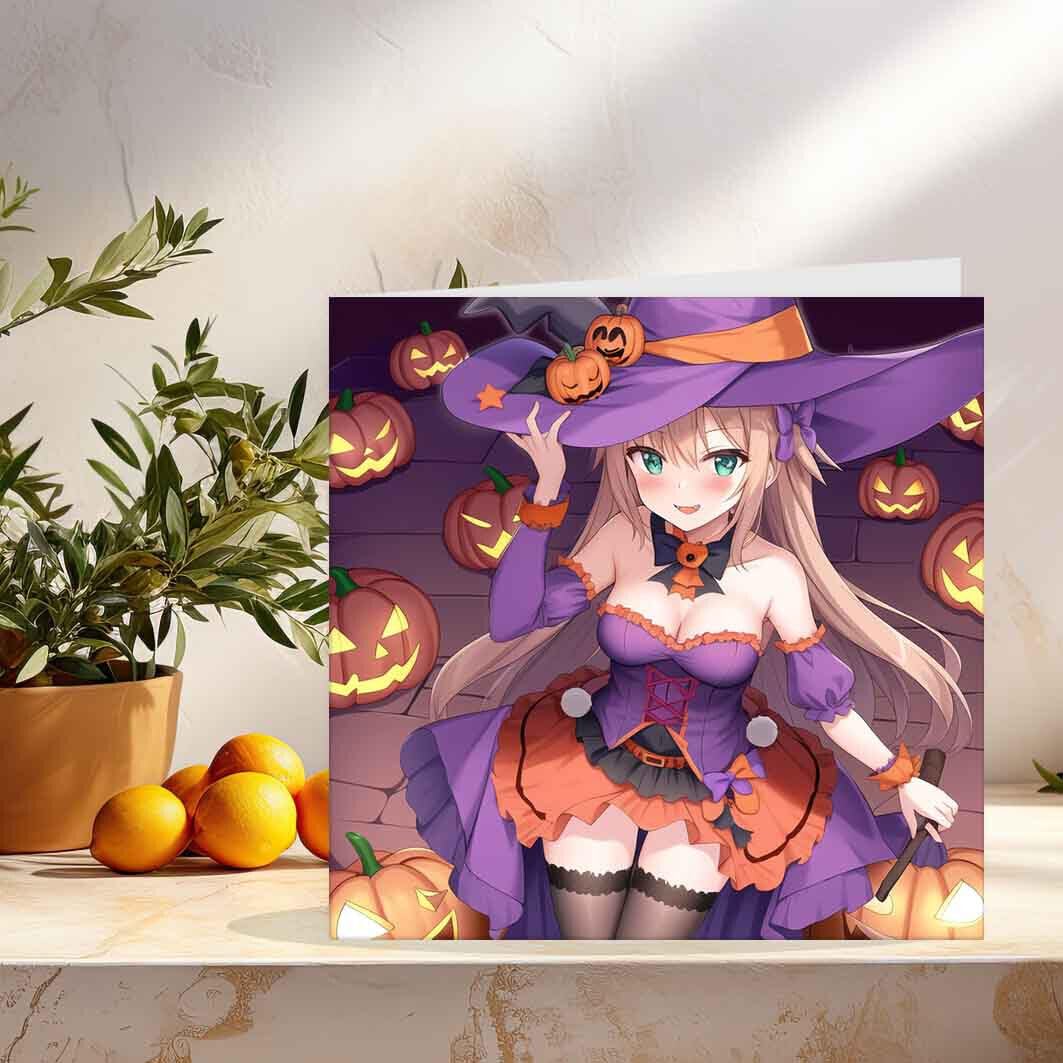 Halloween Anime Witch Halloween Cards 145 x 145mm - Purple Fox Gifts
