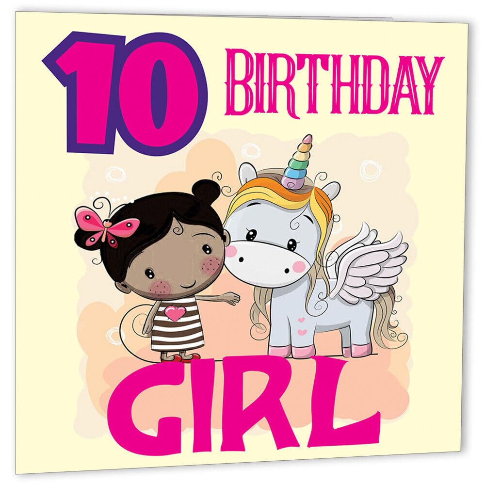 Happy 10th Birthday Girl Card TEN Years Old Birthday Unicorn 147 x 147mm - Purple Fox Gifts