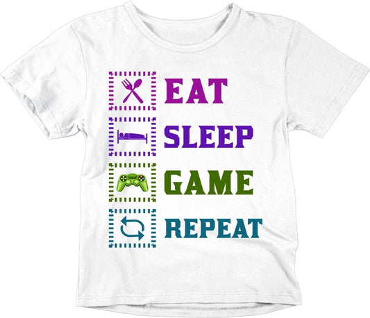 Kids Eat Sleep Game Repeat T-Shirt Unisex Childrens Gamer Shirt Gaming Top - Purple Fox Gifts