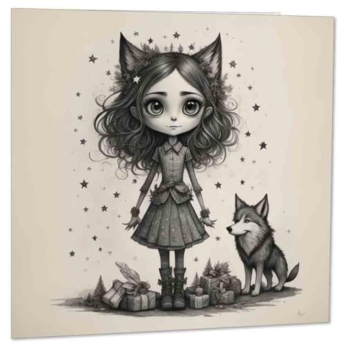 Cute Gothic Girl & Wolf Birthday Card 145 x 145mm