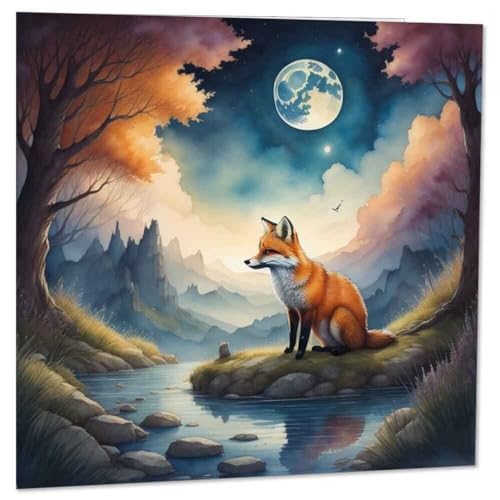 Moon Fox Greeting Card Beautiful Watercolour Fox Birthday Card 145 x 145mm