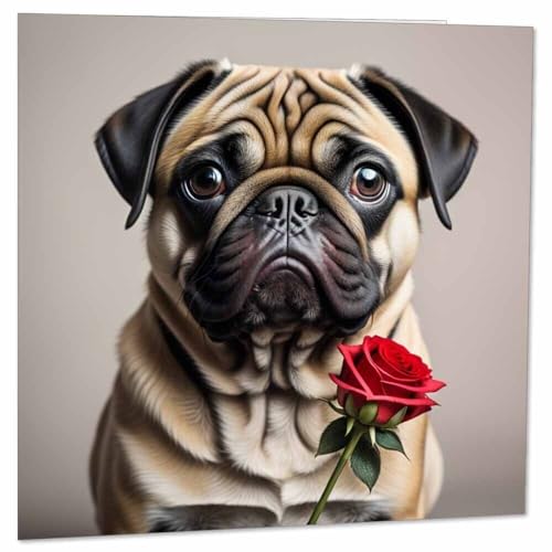 Pug Rose Card Cute Funny Pug Anniversary Valentines Birthday Card 145mm x 145mm