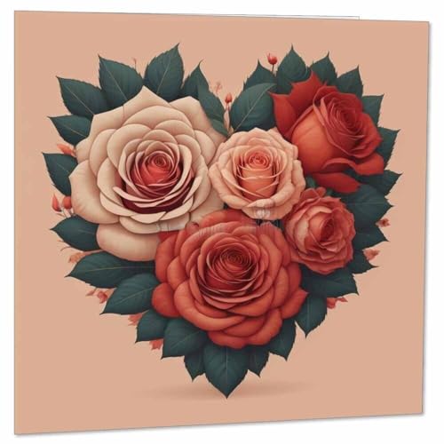 Roses Anniversary Card - Heart Valentines Day Card for girlfriend 145mm x 145mm