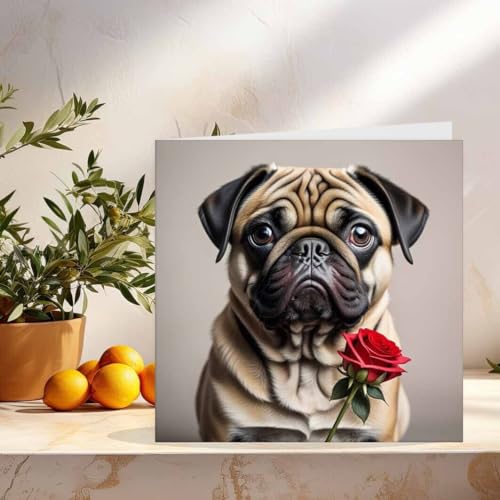 Pug Rose Card Cute Funny Pug Anniversary Valentines Birthday Card 145mm x 145mm