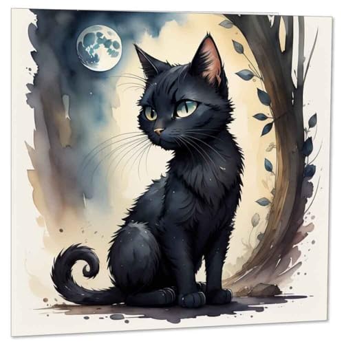 Black Cat Greeting Card Moon Watercolour Cats Birthday Card 145 x 145mm