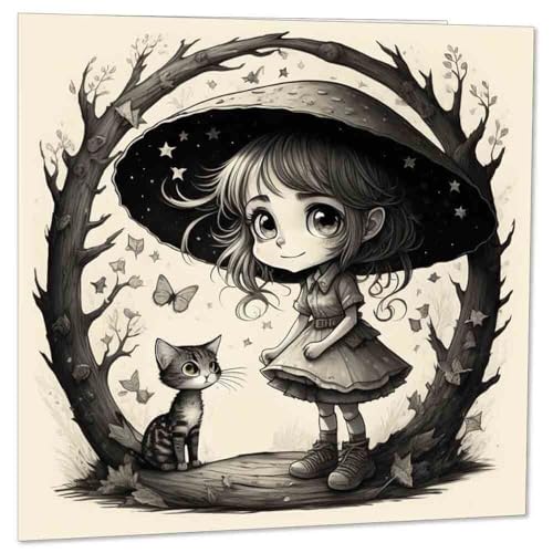Toadstool Girl & Cat Greeting Card Cute Fantasy Design 145 x 145mm