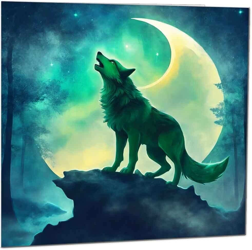 Gorgeous Wolf Moon Greeting Card - Green Howling Wolf Birthday Card 145 x 145mm